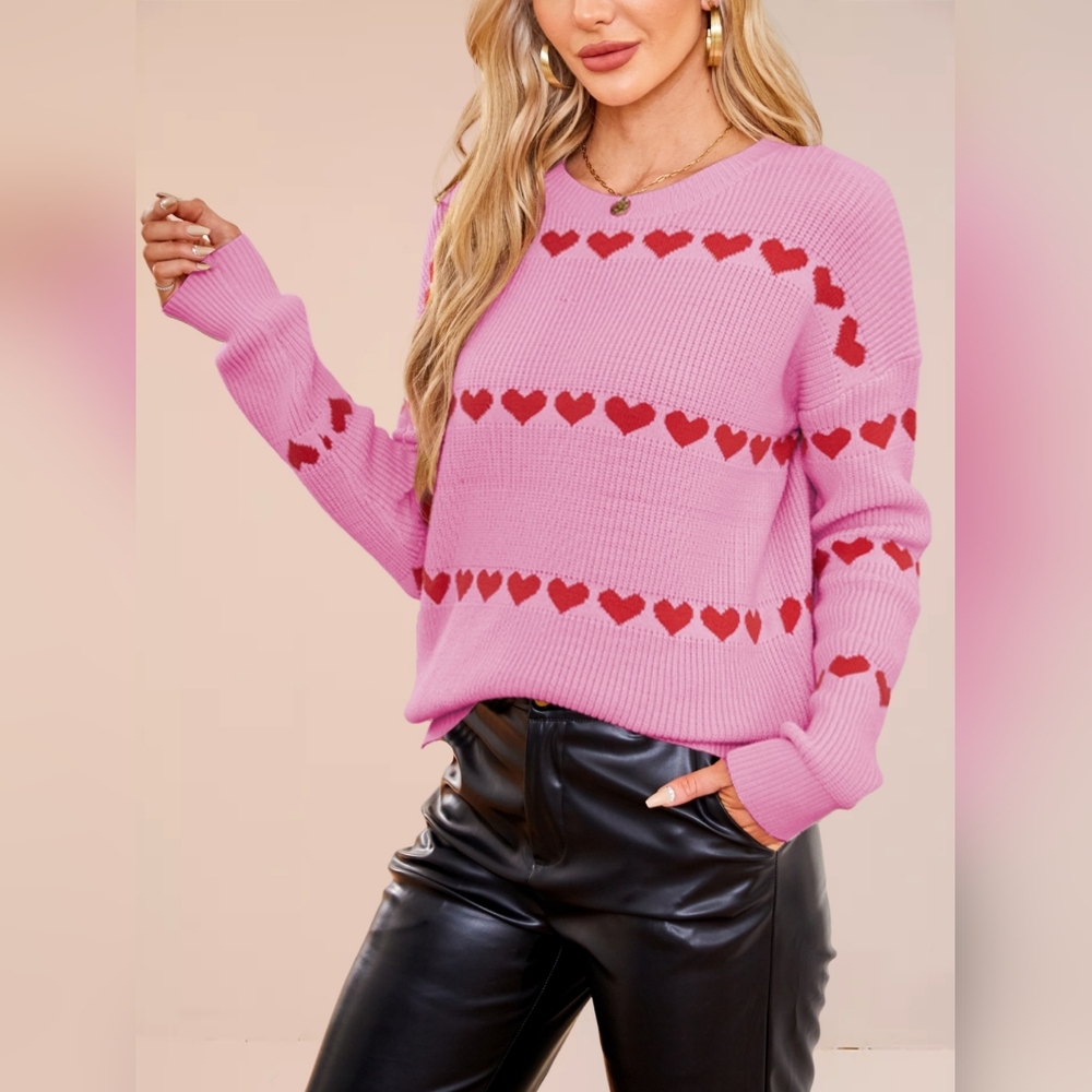 Pink Heart Ribbed Pattern Sweater - Picture 3 of 9